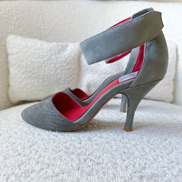 VINTAGE by JEFFREY CAMPBELL Bridges Burgundy Suede Python Ankle Strap Pump 7.5 - Picture 5 of 7